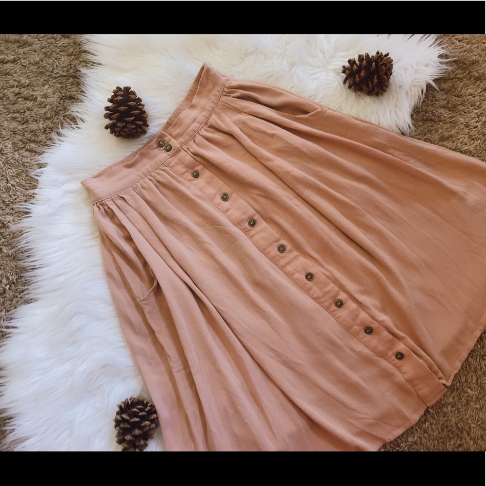 Blush pink button down midi skirt